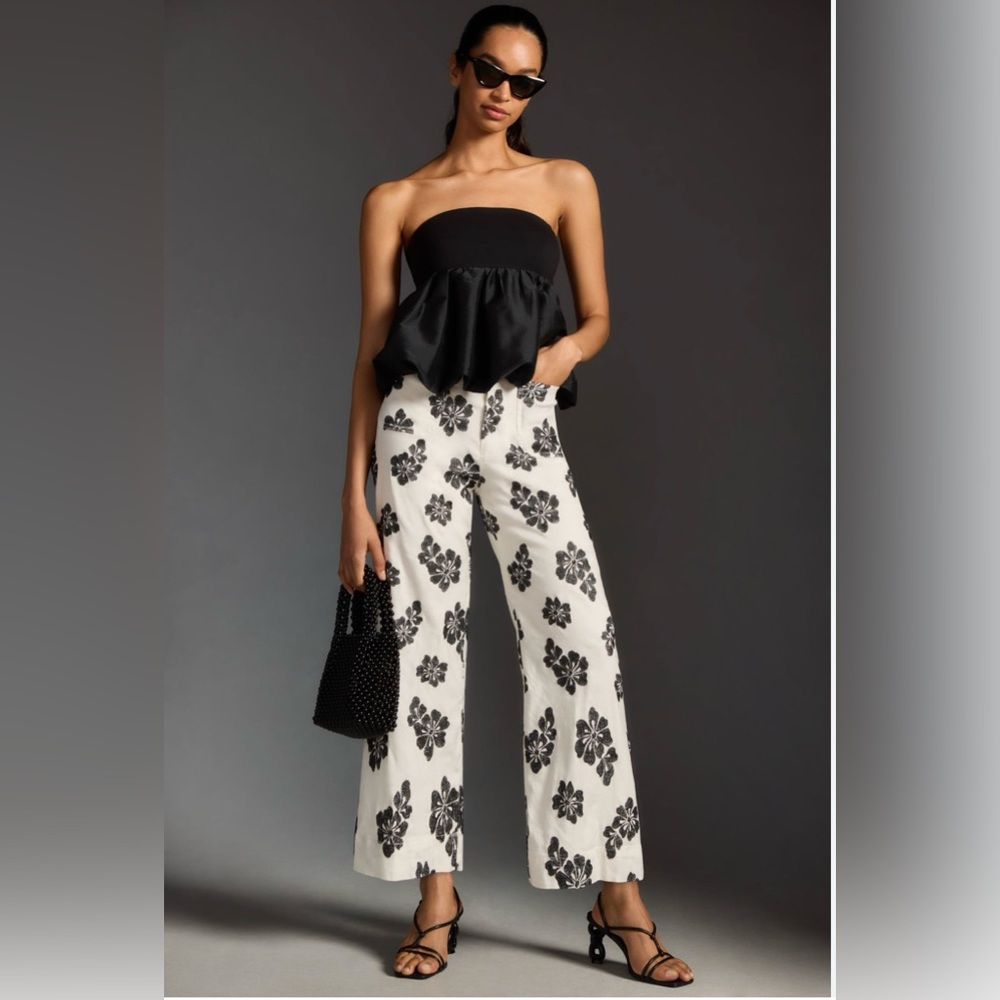 Anthropologie Maeve The Collette Cropped Wide-leg Embroidered Pants, size 2